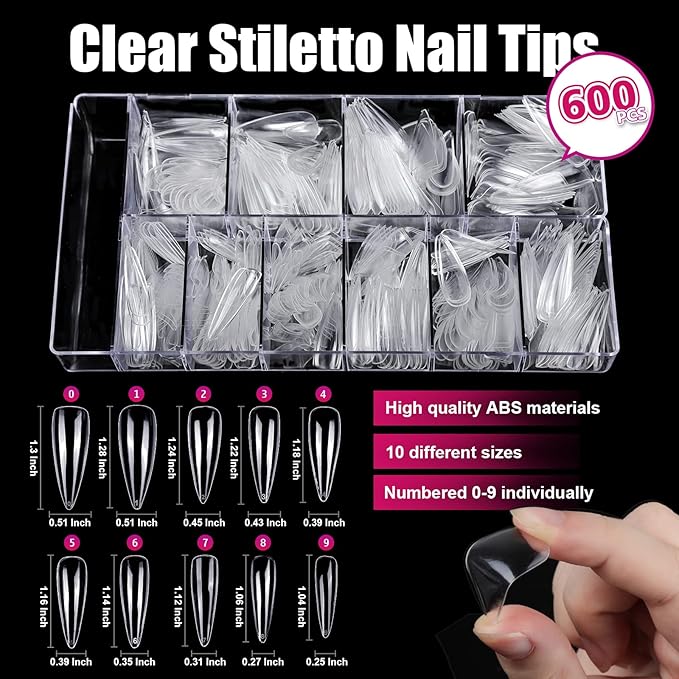 Clear Stiletto Nail Tips Full Cover, Teenitor 600pcs Long Nail Tips for Acrylic Nails, Long Acrylic Stiletto Fake Nail Tips with Glue, Clear Almond Stiletto False Nail Tips, Acrylic Nail Clipper, Nail Glue, Nail File Buffer