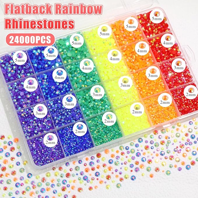 BELICEY 24000Pcs Rainbow Rhinestones for Nails - Flatback Resin Crystal Round Beads Gems Multi Sizes - 3D Crystals for Nail Art DIY Crafts Clothes Shoes Jewelry