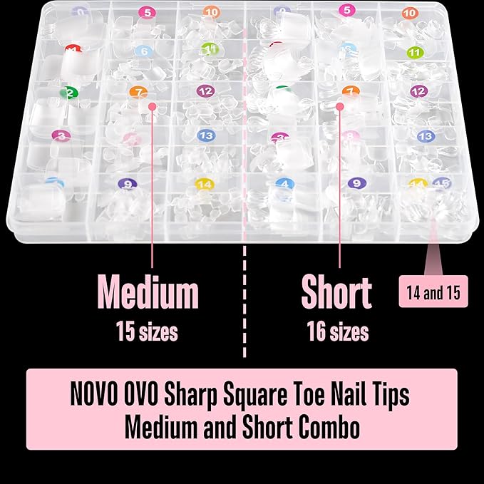 NOVO OVO 31 Sizes Toe Nail Tips with Short and Medium length Combo, Sharp Square Press on Full cover, Soft Gel False Fake Toenail Extension Kit, Pre-etched Clear Matte for Salon DIY Acrylic x 434 Pcs