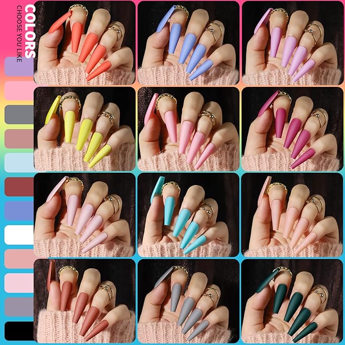 Teenitor Long Press On Nails Kit 24 Color Long Coffin Nail Tips Full Cover, 576pcs Long Coffin Press On Nails Fake Nails, Matte Nails Glue On Nails