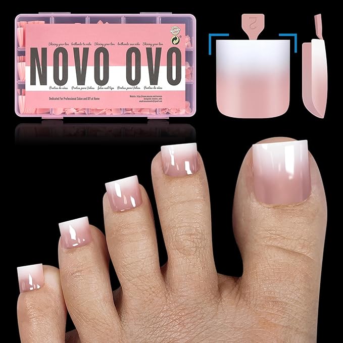 NOVO OVO Ombre French Tip Press on Toe Nail Tips, Sharp Square Pre-Designed Soft Gel False Toenail Extension, BABY PINK Pre-applied Tip Primer & Base Coat, Full Cover Acrylic DIY x 15 Sizes 240 pcs