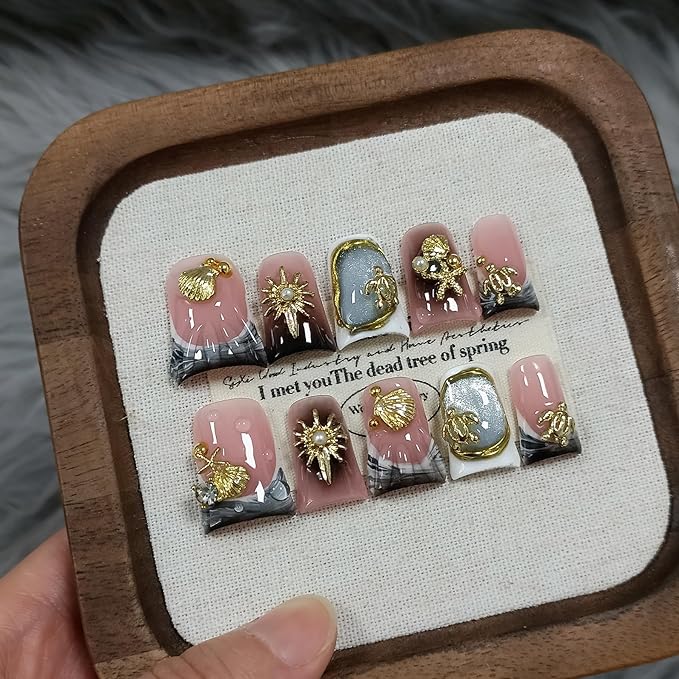 Duckbill Press on Nails - Black Gray Cat Eye Ocean Metal Design Glue on Nails for Women| 10PCS Glitter False Nail with 3D Charms Designs | Gothic Y2K Style for Daily Party Wear,Duck Nails(M)