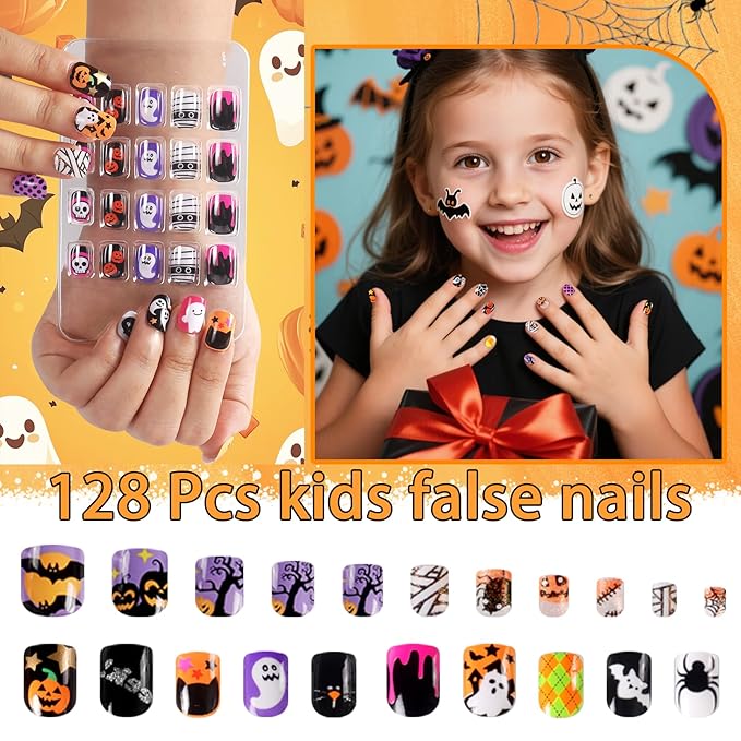 SIUSIO 6 Pack Press on Nails kids Children Acrylic Fake Nails Cute Pre-glue Full Cover Gradient Color Rainbow Short Stick On False Nail Art Kits Set for Kids Little Girls - Halloween Ghost