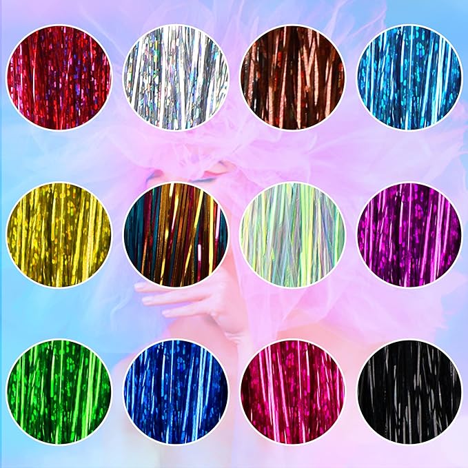 FEBSNOW 2400 Strands Christmas Tinsel Icicles, 47 Inches Glitter Mylar Foil Icicle for Christmas Tree 12 Mixed Colors Shiny Tinsel for Xmas Festival Birthday Wedding New Year Party Hanging Decoration