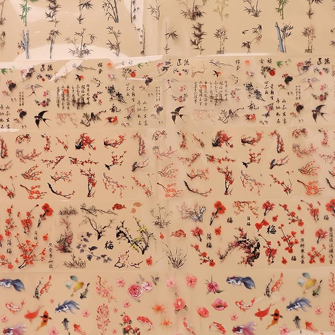 JERCLITY 10 Rolls Chinese Style Nail Foil Transfer Sticker Plum Orchid Bamboo Ink Painting Pattern Nail Art Decals Transfer Stickers Wraps