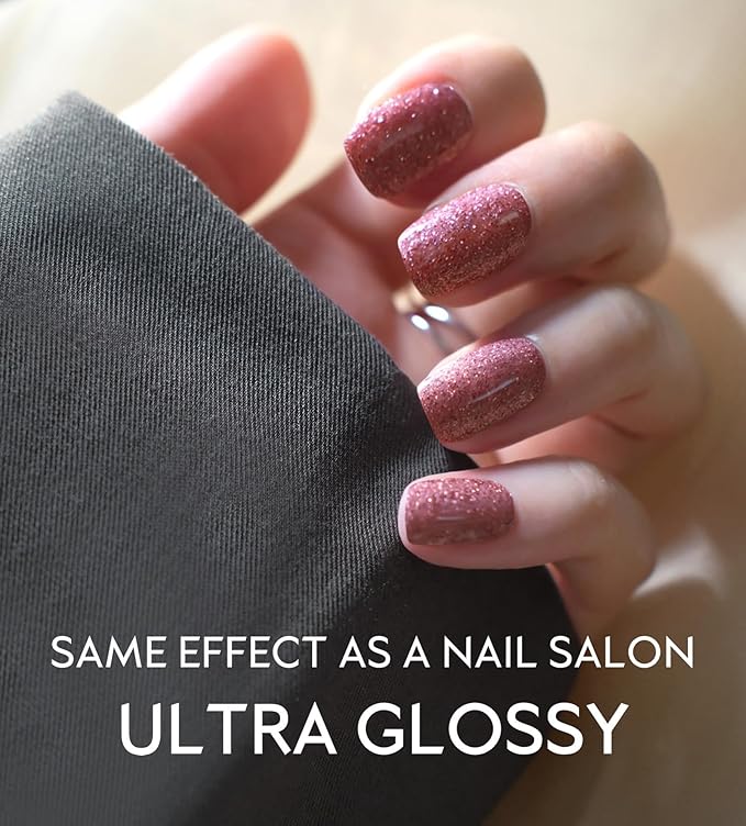 Semi Cured Gel Nail Strips - UV Light Gel Nail Stickers - 20 Long Lasting Salon Quality Wraps (Twilight Pink Glitter)