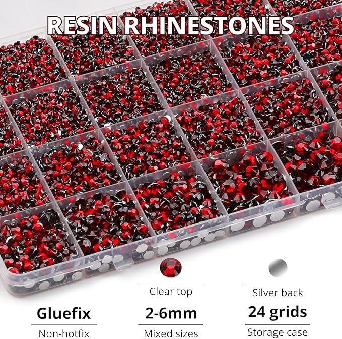 31000Pcs Burgundy Resin Rhinestones for Bedazzling, 2-6mm Mixed Sizes Red Garnet Crystals, Flatback Maroon Rhinestones, Dark Red Gems Jewels Diamonds Gemstones Stones for Crafting Clothes Crafts