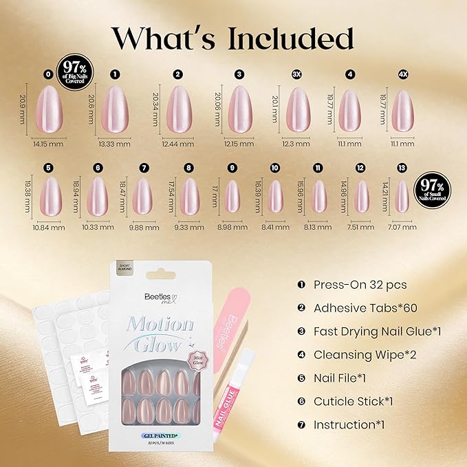 Beetles Motion Glow Cat Eye Press On, Short Almond Press On Nails Kit, 32pcs 16 Sizes, Girls Stick On Nails with Adhesive Tabs & Fast-Dry Nail Glue, Salon-Ready Gift for Women Mist Glow