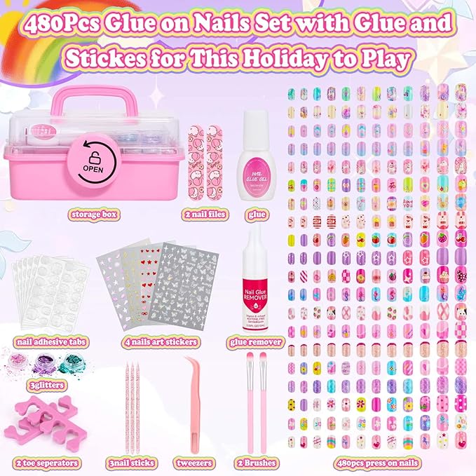 480 Pcs Kids Nails and Glue, Girls Press ons Nail Art Kit with Storage Case, Fake Nails Adhesive, Remover, Stickers, Glitter Cute Stuff Gift for Girls 8-12