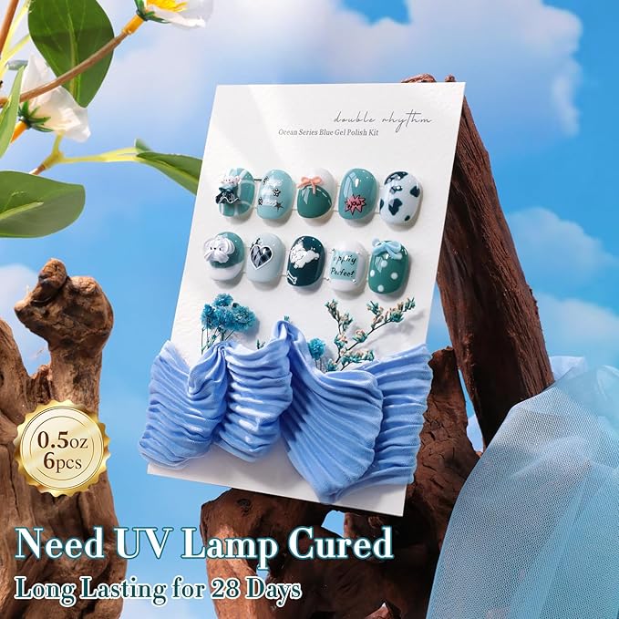 Double Rhythm 6 Pcs 15 ML Gel Polish Set Same Color Same Bottle Soak Off Gel Polish Kit Nail Art Manicure Salon DIY at Home for Women (White Light Green Teal Blue Turquoise-T6-78)