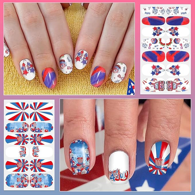 DANNEASY 16 Sheets 4th of July Independence Day Nail Polish Stickers Full Nail Wraps Self Adhesive Nail Polish Strips Gel Fingernail Sticker Nails for Women with Nail File, Cuticle Stick