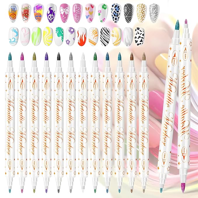 12 Colors Metallic Nail Art Pens Set, Double-Ended Nail Marker Pens for Nail Art Dotting Line Painting Designs, Water Based Quick Dry Paint Markers for DIY Manicure, Home & Salon Use