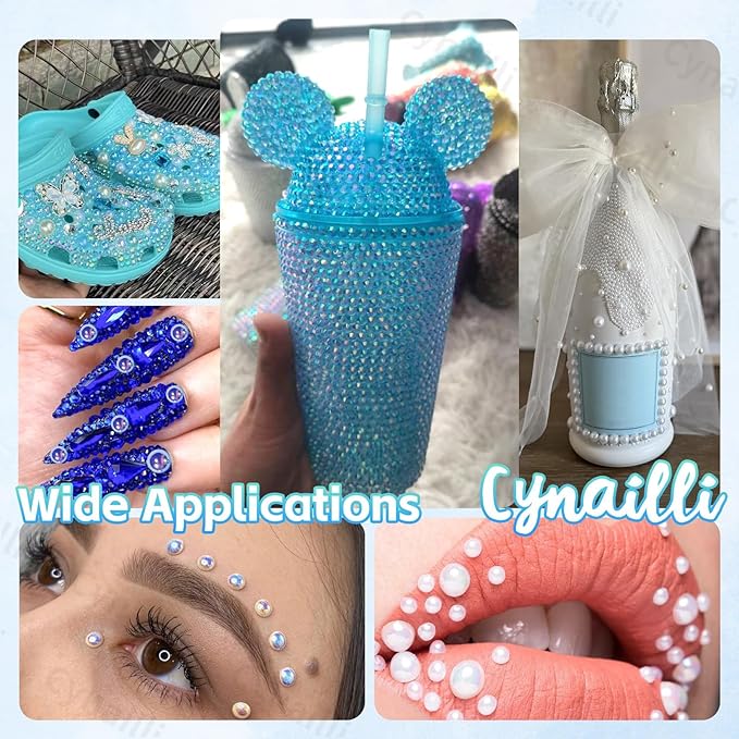 15 Grids Pearls and Resin Rhinestones for Crafting, Blue White Bedazzling Gems Kit, Jelly Resin Rhinestones for Nails Face Eyes Makeup Crafts Tumblers Bottles