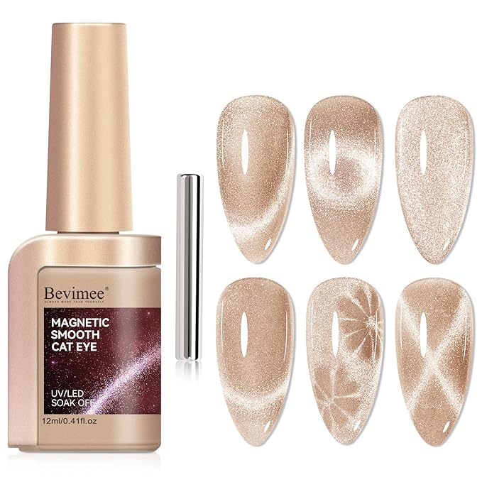 Cat Eye Gel Nail Polish, Glitter Magnetic Gel Polish Shimmer Champagne Gold Cat Eye Nails With Magnet Stick, Holographic Cateye Effect, UV Velvet Nail Art Manicure Salon DIY Home, 12ML