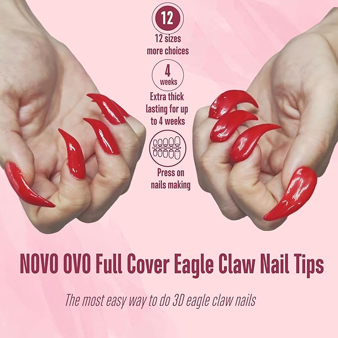 NOVO OVO Halloween Nail Tips Curved Stiletto, Clear Gel Extension kit Full Cover to Make Press on 3D Eagle Claw nails,Thick Extra Hawk Deep Curve Almond French Tips Soft False Fake 12 Size 120pc