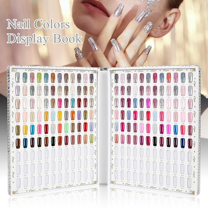216 Colors Nail Display Chart, Nail Gel Polish Organizer Color Card with 240 False Nail Tips, Nail Color Display Book Chart Salon Nail Supplies Sample Chart Tool Set Nail Swatch (Silver, 1 Pack)