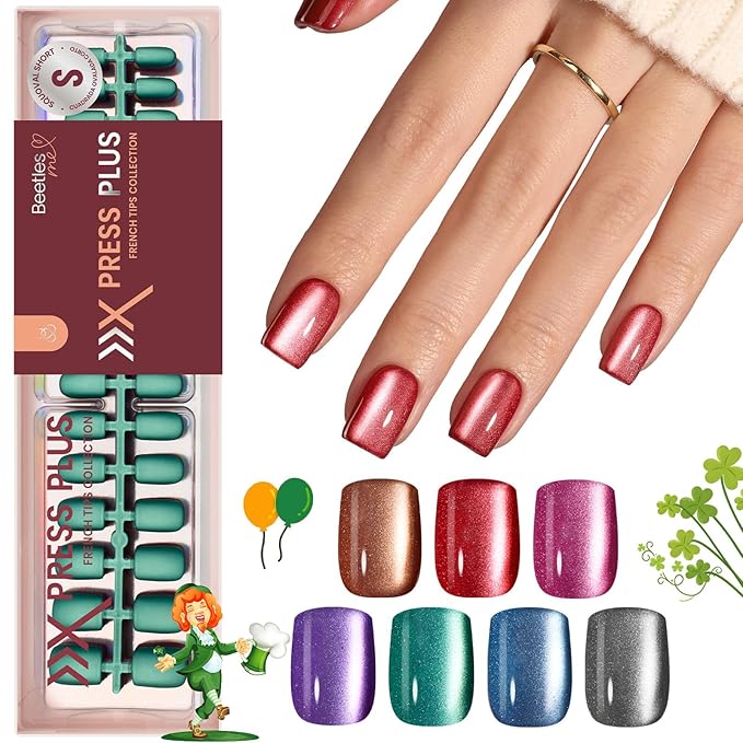 Beetles X Press Plus Cat Eye Nails - Galaxy Aurora | 7 Colors Short Square Press On Nails | 16 Sizes 224 Pcs Natural Salon Quality For Red Blue Purple Nails St Patrick Day