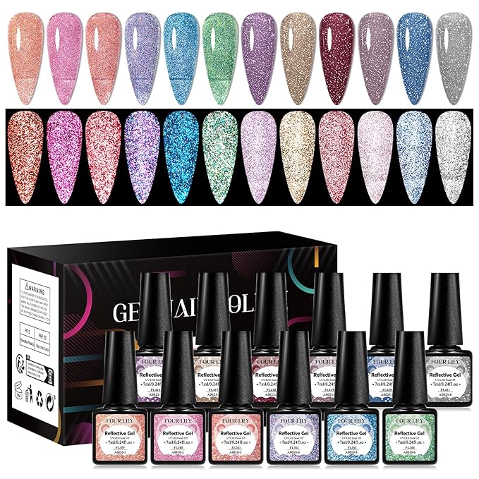Reflective Glitter Gel Polish Set, 12 Colors Silver Pink Sparkly Glitter Shimmery Gel Polish Shiny Disco Soak Off Gel Nail Polish Nail Art Manicure Salon DIY at Home Gifts for Women Girls