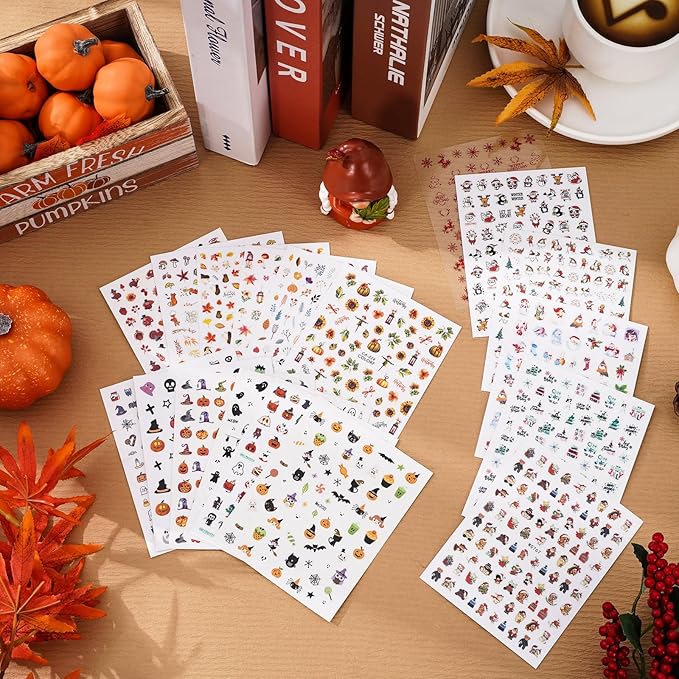 Whaline 18 Sheets Fall Nail Art Stickers Thanksgiving Maple Leaves Pumpkin Nail Stickers Christmas Snowflake Snowman Santa Claus Autumn Self-Adhesive Nail Decals for DIY Manicure Party Decor