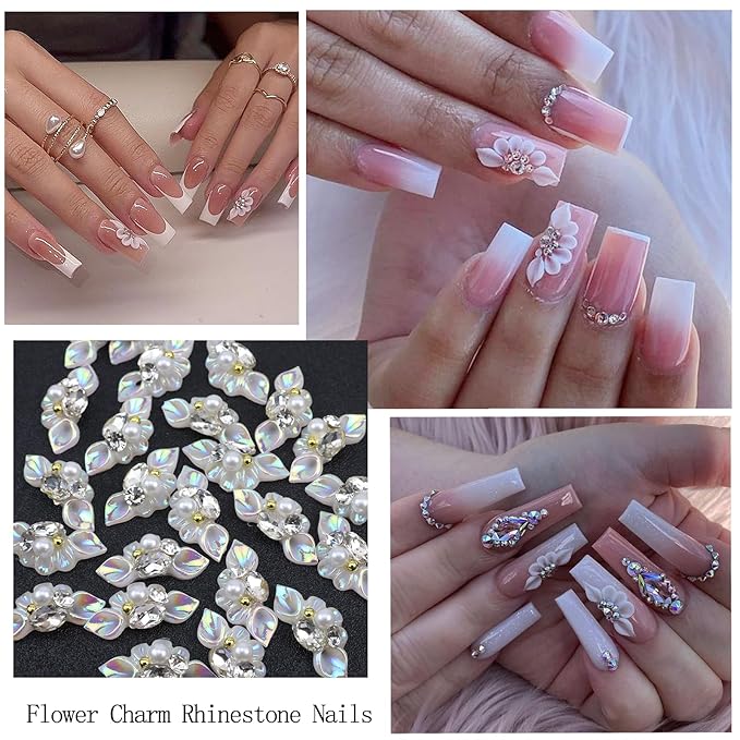 Rhinestones for Nails, Flatback Multi Shape Gems 3D Flowers Nail Charms Mixed Nail Glitter Powder Supplies Moonlight Crystal Jewelry Accessories for Women Manicure Decorations Design
