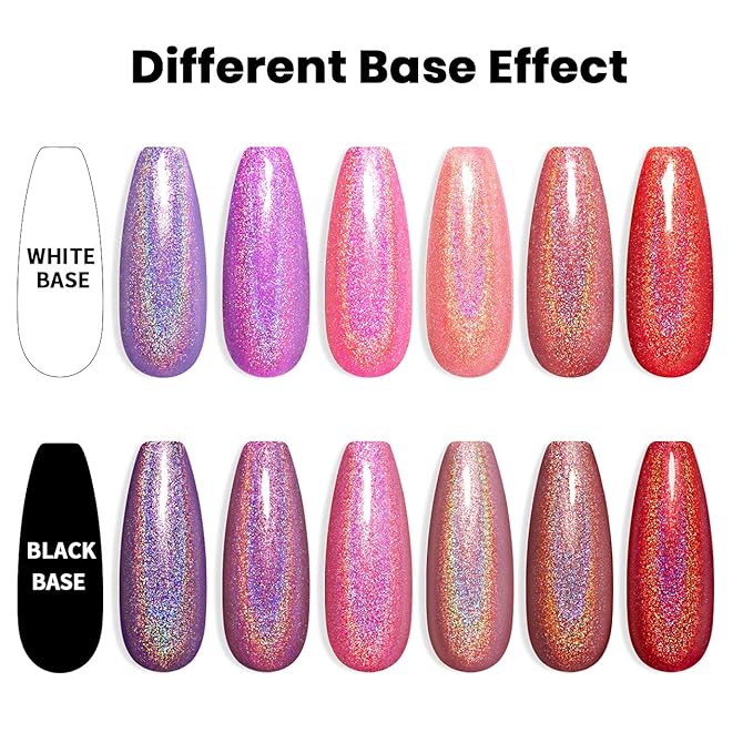 RARJSM Holographic Gel Nail Polish Set Summer Colors Glitter Gel Polishes Kit Rose Gold Hot Pink Red Violet Bright Purple 6PCS 7.5ML Curing Required Unicorn Mirror Laser Effect for Salon Home Manicure
