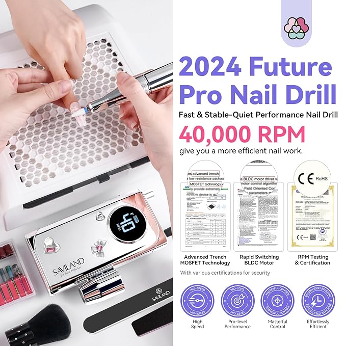SAVILAND Professional Electric Nail Drill : 40000RPM Portable Nail Drill Kit E File with Drill Bits Rechargeable 6000mAh for Acrylic Gel Nails for Salon Home, Y2K