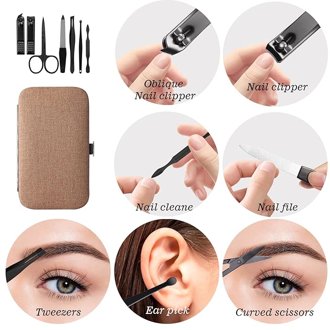 Manicure Pedicure Set Personal Care Nail Clipper Kit 7 PCS Manicure and Pedicure Kit Nail Care Kit for Men Suitable for Travel(Brown) Present for Men Husband Boyfriend Parent