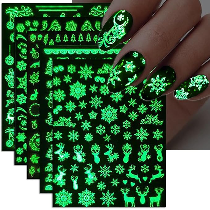 Glow in The Dark Snowflake Nail Stickers, Christmas 3D Self-Adhesive Nail Art Decals - White Snowman Santa Elk Design for DIY Manicure Winter Xmas DIY Nail Decorations stz (6 Sheets)