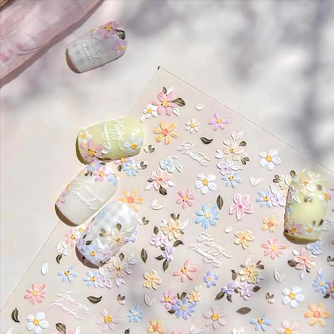Dedyel Summer Wildflowers Nail Sticker 5D Embossed Wildflower Nail Stickers Spring Summer Red Yellow Blue White Flower Design Nail Art Decoration for Women Girls Kids
