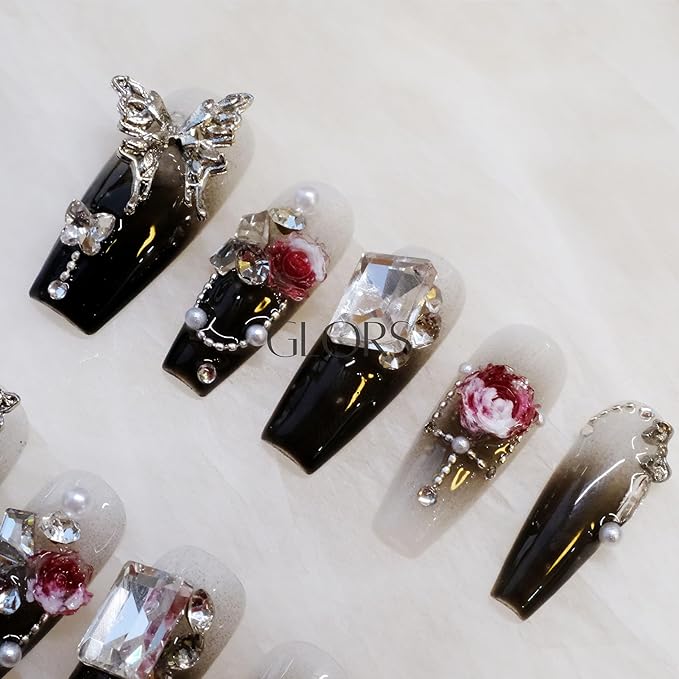Handmade Press On Nails, Long Coffin Style, Black with 3D Butterfly and Rose Design, 10 Pieces (Medium,LB)