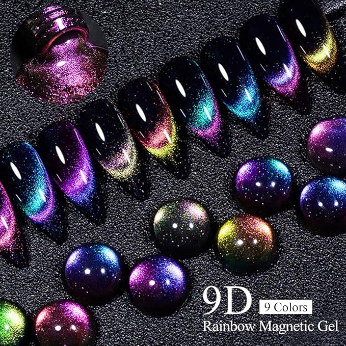 MEET ACROSS 9D Cat Eye Gel Nail Polish, 12 Pcs Chameleon Galaxy Magnetic Gel Polish Set with Base Top Coat and Magnet Stick Soak Off Nail Art Salon Manicure Home Ladies Gift