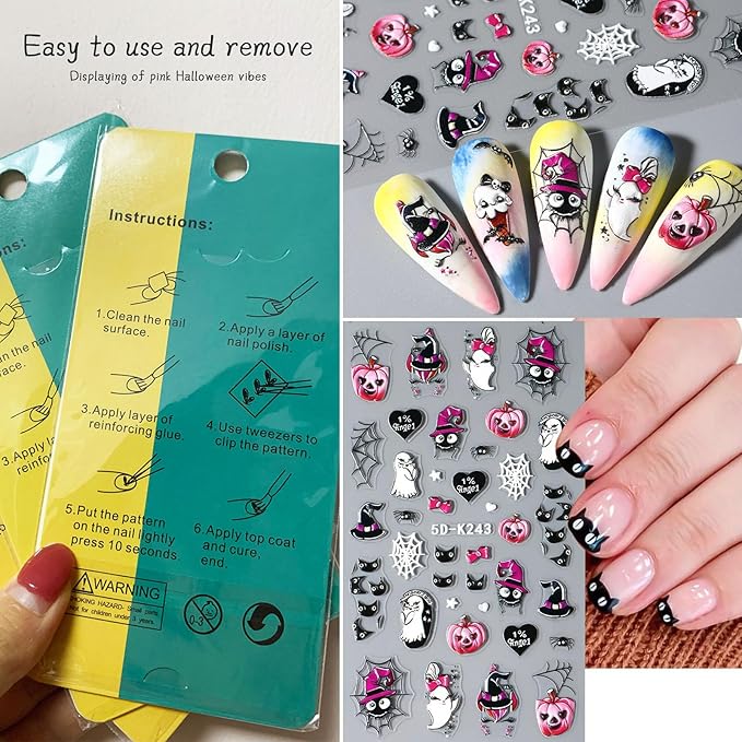 5D Self-Adhesive Nail Stickers for Halloween Nail Decals: DIY Nail Art Design with Bat, Ghost, Pumpkin, Spider Web, Witch, Skull, Bones, etc. Ideal for Halloween Party Supplies for Women (Pink)
