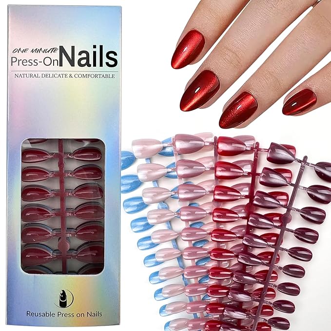 150 Pcs Cat Eye Press on Nails Short Almond Fake Nails Tips Glitter Soft Gel Stick on Nails Glossy Acrylic Glue On Nails Reusable False Nails for Women DIY Nail Art Manicure 15 Size