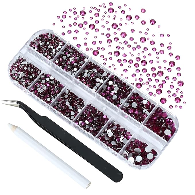 4240Pcs Fuchsia Flatback Rhinestones 6 Sizes Crystal Diamonds for Nail Art Crafts Clothes Shoes with Tweezers and Picking Pen
