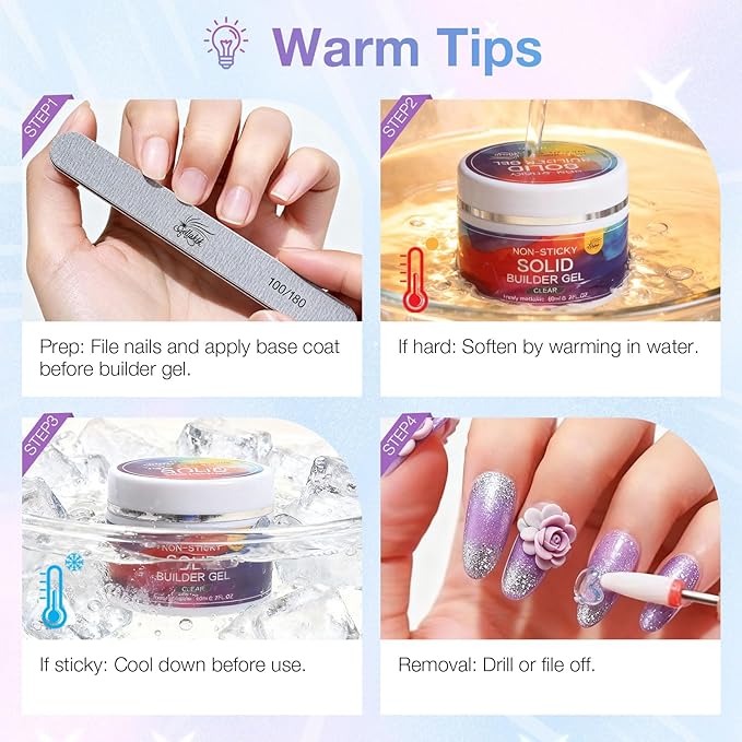 All-in-One Solid Builder Nail Gel Kit: 60g Hard Gel with 3D Mold, 6-Color Powders & Nail Art Tools (Nail File, Cuticle Pusher, Pen), Non-Sticky for Nail Extension, DIY Salon, UV/LED Cured
