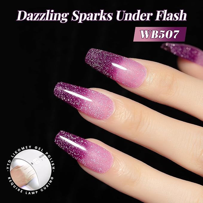 YTD Likomey Color Changing Gel Nail Polish,15ml Reflective Glitter Light Purple to Purple Mood Temperature Change Colors Thermal Ombre Fall Winter Flash Sparkle UV Varnish,HEMA Free TPO Free,WB507