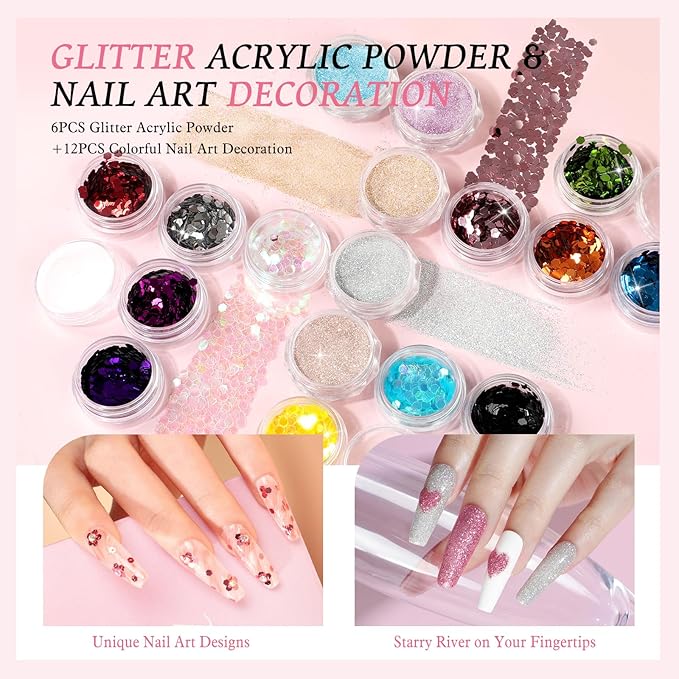 Peacecolor Acrylic Nail Kit for Beginners with Everything ,Professional Nail Kit Acrylic Set with Drill U V Light 21Pc Glitter Powder Gel Polish Decorations Gel Nail Gift Set for Home Salon