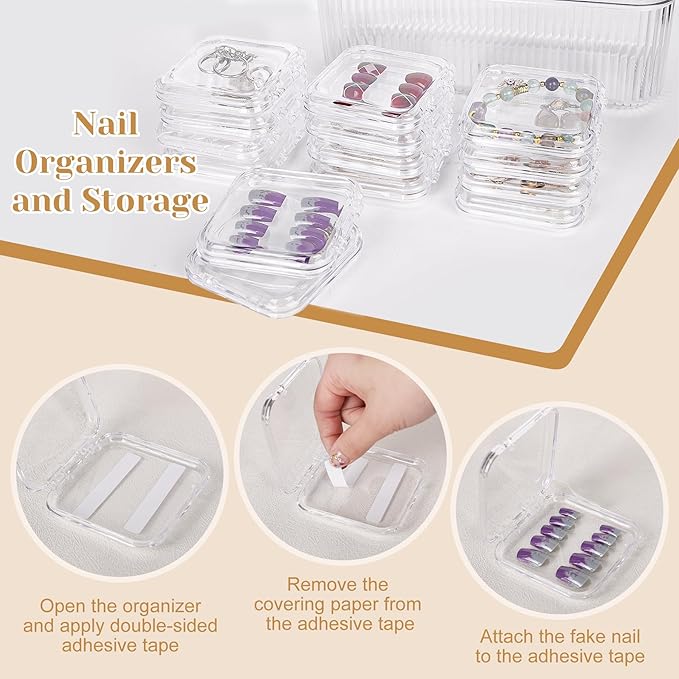 Press On Nail Organizer 14 PCS Clear Press On Nail Storage Boxes and 1 Big Storage box with 60 Pcs Adhesive Double Sided Tape,Press On Nail Packaging for Fake Nail Storage Nail Display Nail Salon.