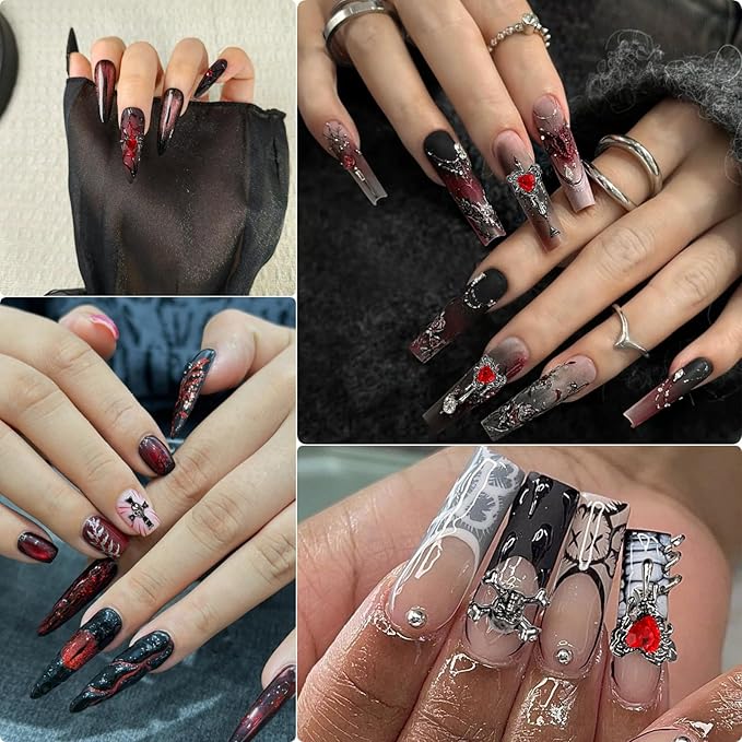 Halloween Nail Charms,48pcs Ghost Head Spider Skull Hand Cross Nail Gems with Rhinestones,Retro Skeleton Spider Gold Silver Alloy Nail Art Jewelry Decoration for DIY Halloween Nail Design Crafts