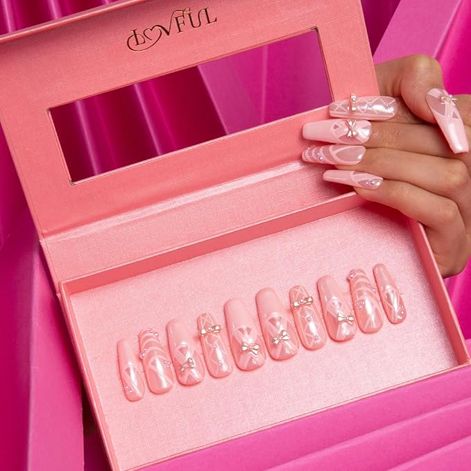 LOVFUL Press on Nails Tiptoe Ballet | Handmade with Full Covered Crystals | Reusable Full Cover Nails | Coffin Classic Regular 1.3 in | H291-M