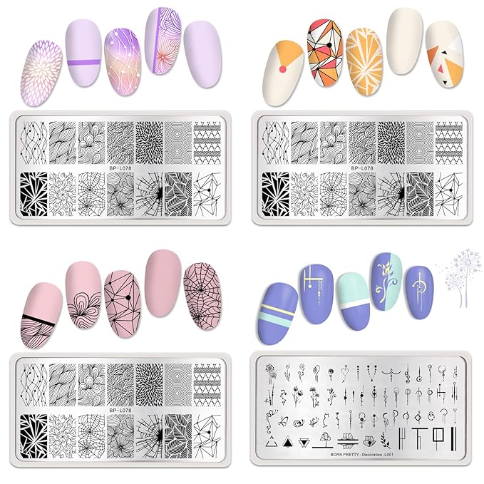 Born Pretty Nail Stamping Plates Set Plaid Flowers Leaves Lace Nail Art Image Plates Spring into Winter Stamp Templates Kit Image Manicuring DIY Printing Tools 8PCS