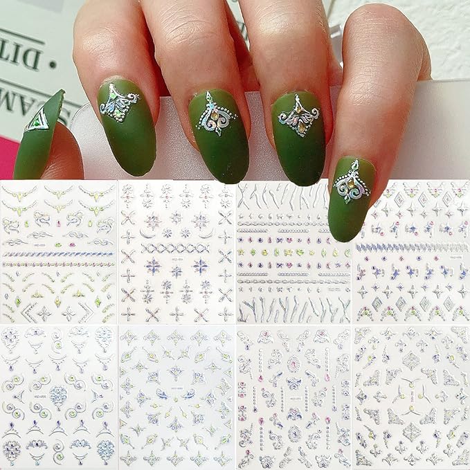 Zoance 20 Sheet 3D Nail Art Stickers, 3D Laser Silver/Rhinestones Design Luxury Self-Adhesive Nail Decals Customized Geometric&Stripe Line Nail Stickers for Women Gils Nail DIY Decoration Accessories