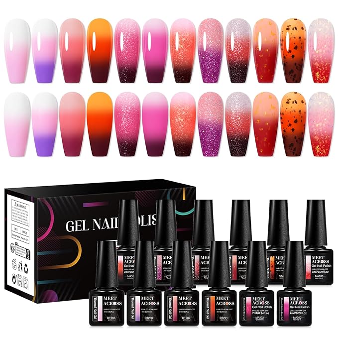 MEET ACROSS Color Changing Gel Nail Polish Set, 12 Temperature Mood Changing Colors Pink Orange Purple, Soak Off UV Light Cure Gel Polish for Salon and Nail Art DIY at Home