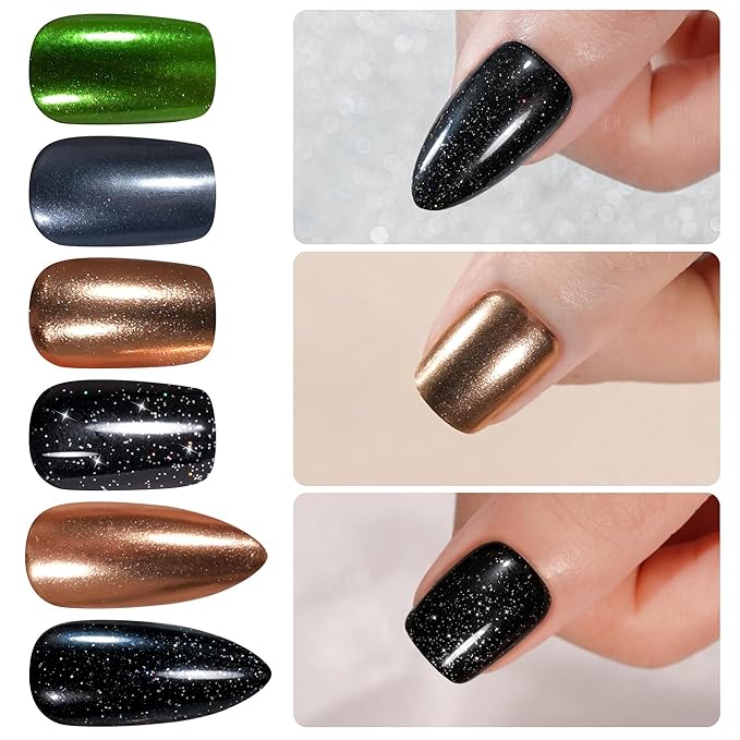Chrome Press on Nails Short 6 Styles, Jofay Fashion 144Pcs Salon-Like Mirror Metal Stiletto Fake Nails with Glue, Glitter Artificial Acrylic False Nails for Party, Glue on Nails Press Ons in 12 Sizes