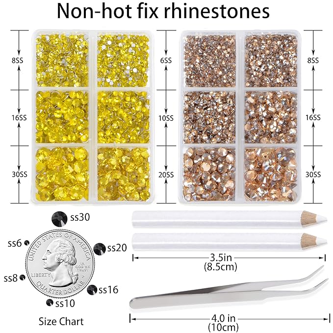 LPBeads 6000 Pieces Citrine and Champagne Non Hotfix Rhinestones 6 Sizes Round Crystal Glass Flat Back Rhinestones with Tweezers and Picking Pen for Nail Art Crafts Clothes Bags DIY