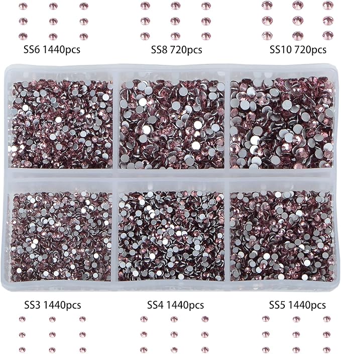 Bymitel 7200 Pieces 6 Mixed Sizes Glue Fix on Glass Rhinestones Round Crystal Gems Flatback for DIY Jewelry Making with one Picking Pen(6-Sizes 7200PCS, Lt. Amethyst)