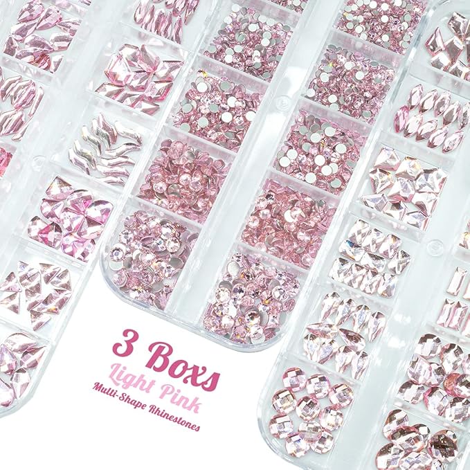 3 Boxes Light Pink Nail Rhinestones 240 Multi-Shapes Flatback Big Gems Round Beads K9 Glass Stones Diamonds Jewels Nail Art Charms for Nails Face Eyes Makeup DIY Crafts Tumblers Bottles Clothes