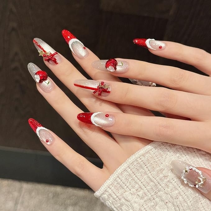 Christmas Press On Nails, Angora Red Cat Eye French Tips with Bow Design, Long Stiletto Shape, 10 Pieces (Large, LS)