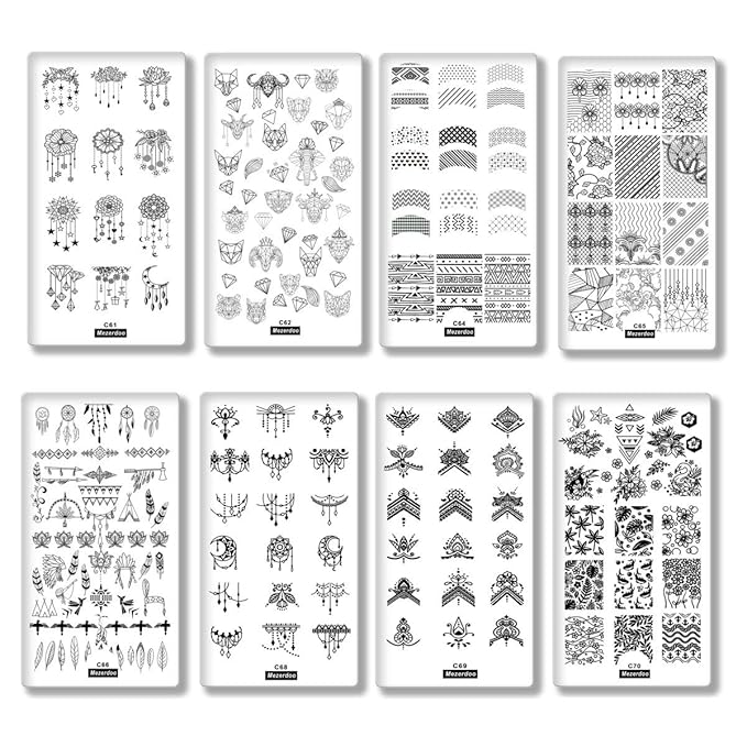 8Pcs Pendant Star Nail Plates Geometry Line Cattle Nail Stamp Template Image + Nail Art Stamp Plate Stamping Plates Holder Storage Bag Cases Stamp Organizer