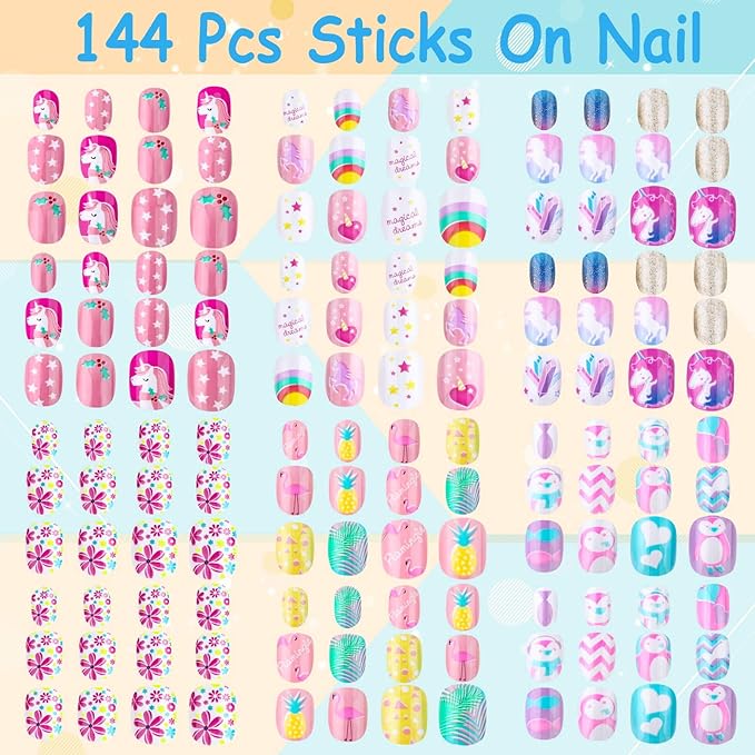 144 Pieces Press on Nails Grils, Thrilez Children Fake Artificial False Nail Tips Pre Glue Full Cover Short Acrylic Nails for Girls Kids Nail Art Decoration (Rainbow Sky)